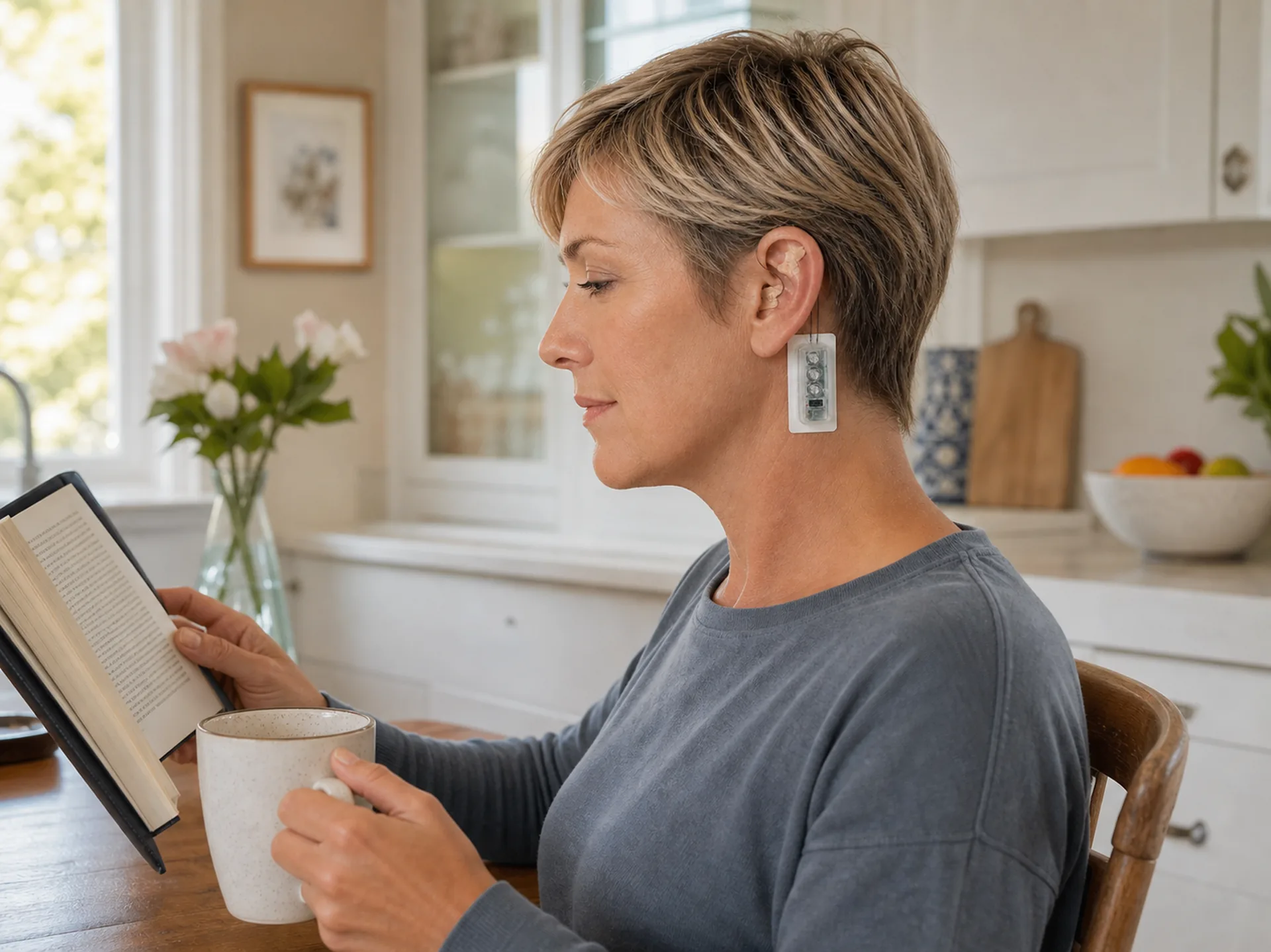 Woman wearing NeuMona while reading at home