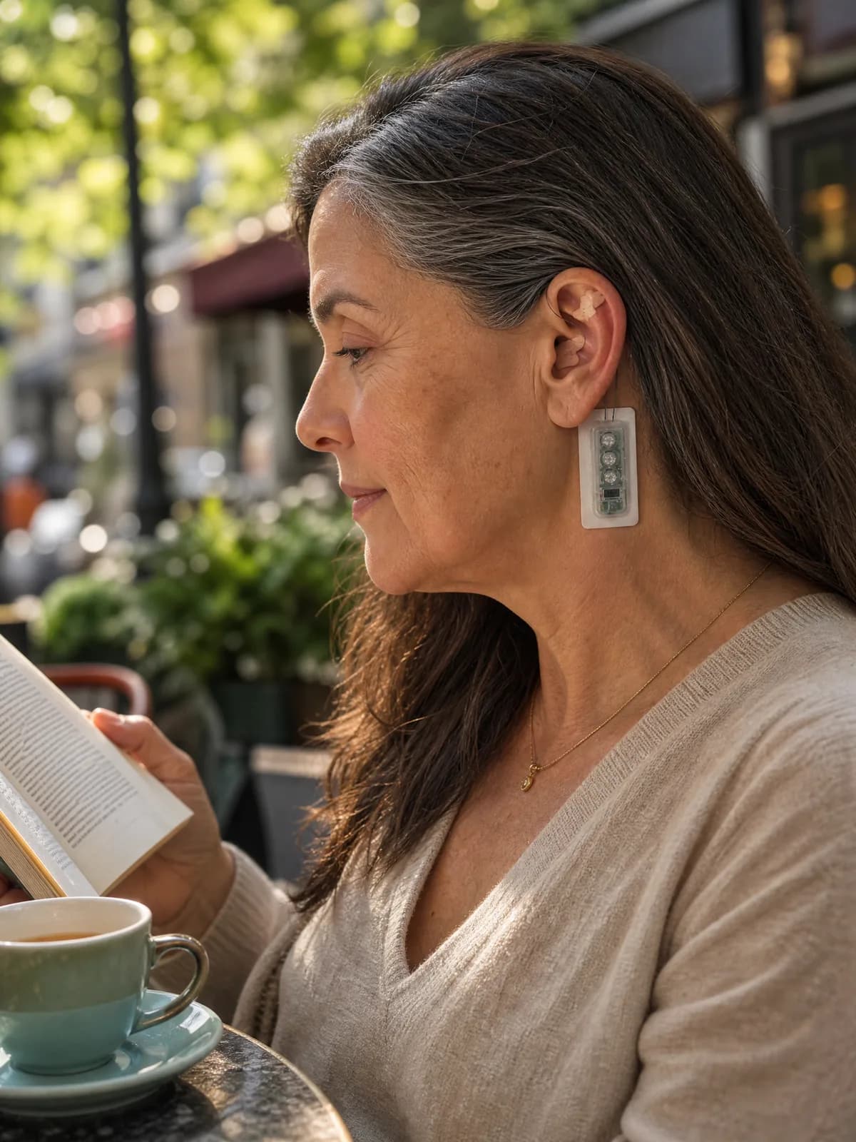Woman wearing NeuMona while reading at a café