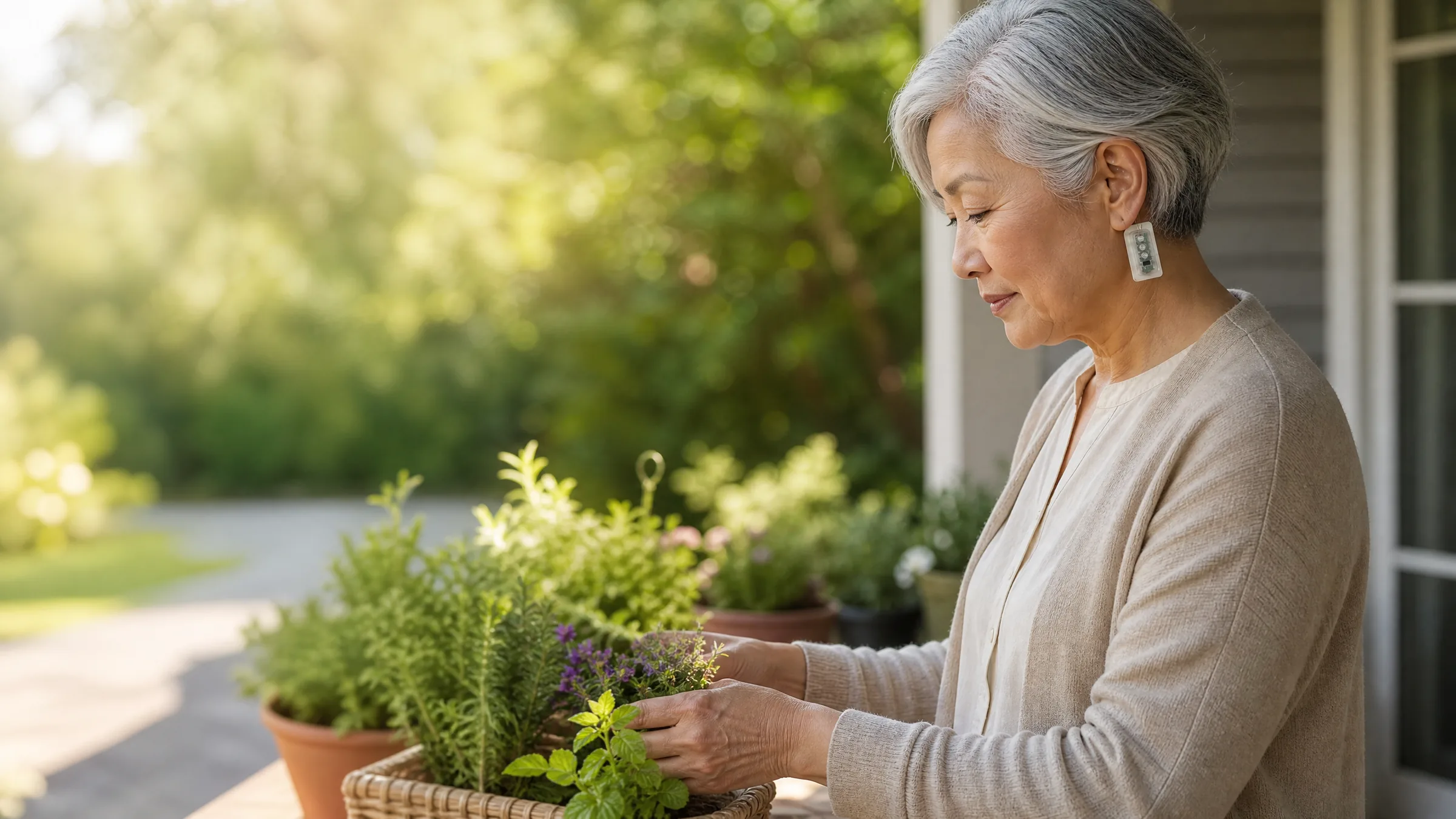 Woman wearing NeuMona while gardening on her porch