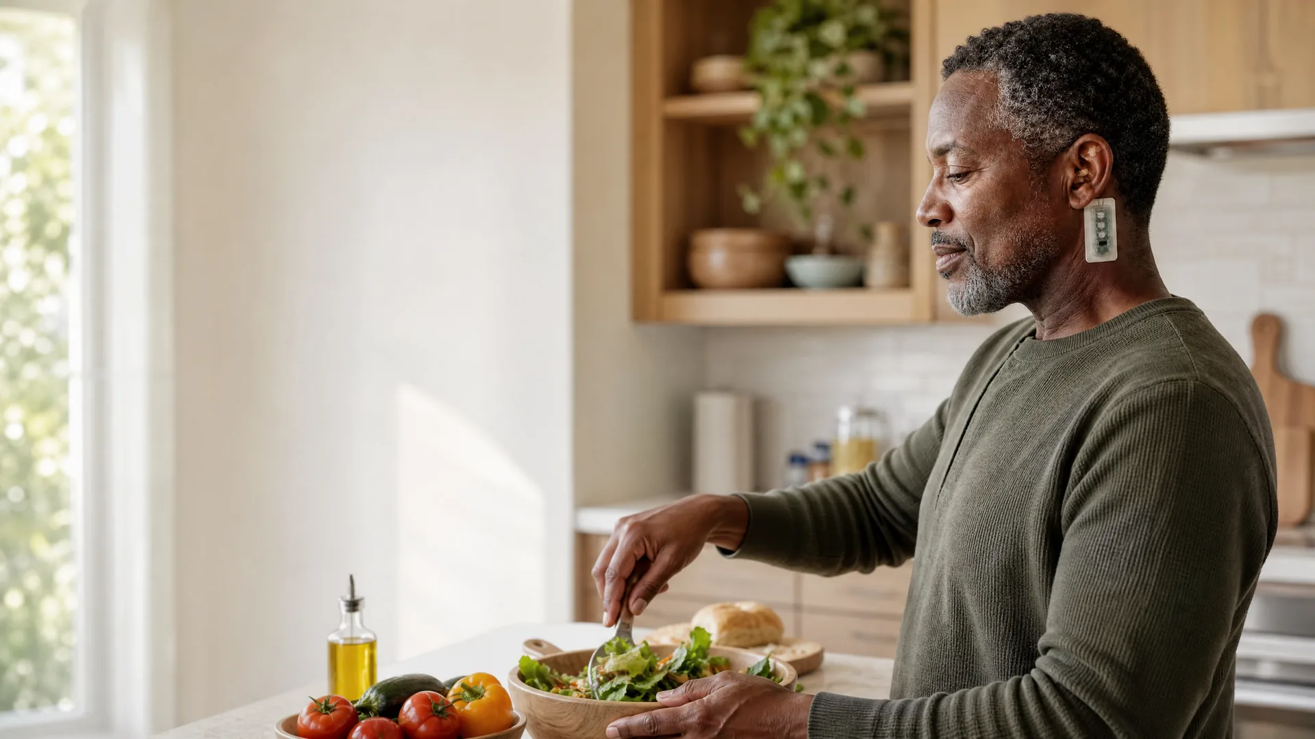 Man wearing NeuMona while preparing a meal at home