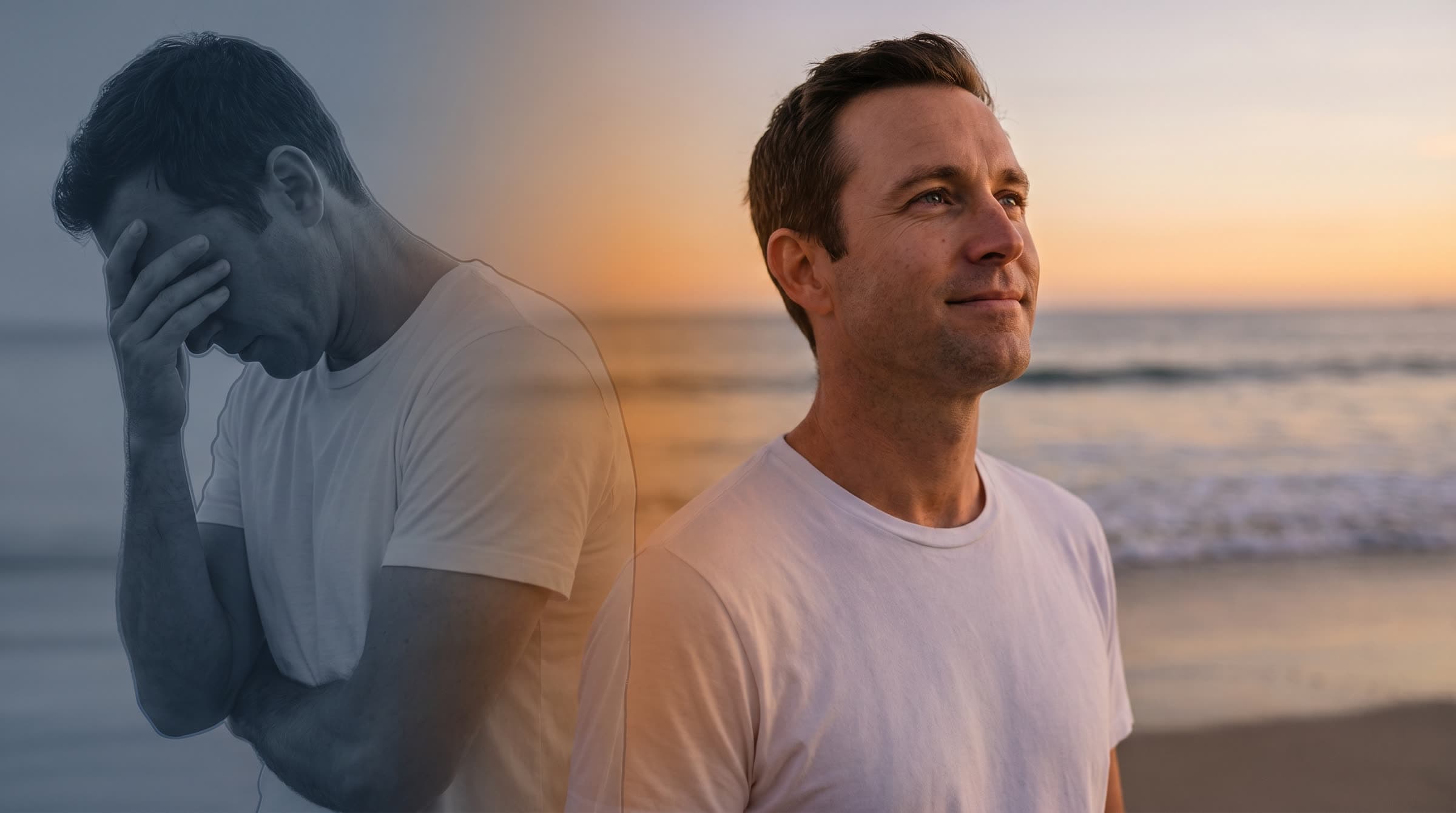 A man moving from the discomfort of opioid withdrawal to a calmer state